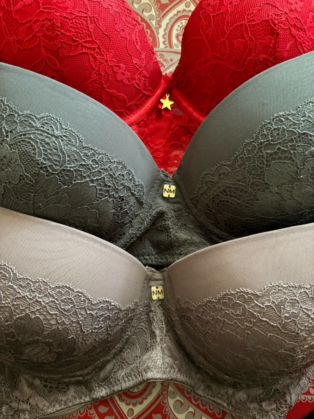 Nicole Miller Lace Push-Up Bra Trio in Red, Gray, Taupe
